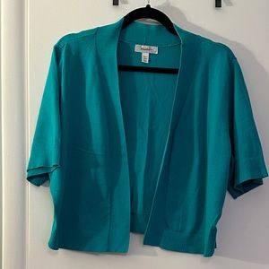DressBarn Crop Open Front Short Sleeve Teal Cardigan